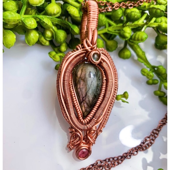 Purple Labradorite & Tourmaline Wire Wrapped Pendant - Picture 1 of 5
